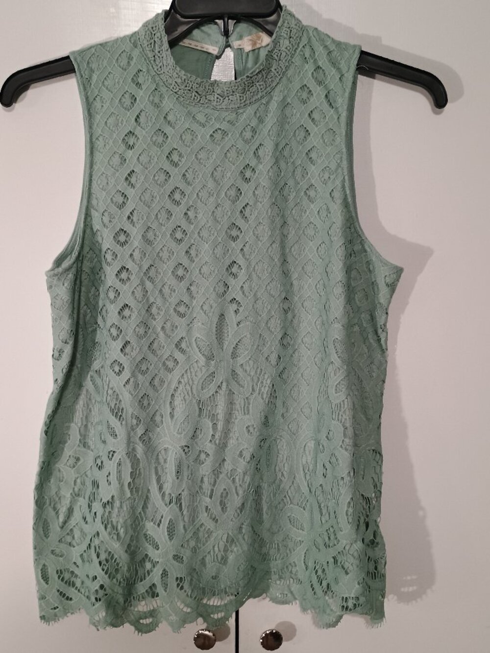 Rewind Mint Green Lace Mock Neck Sleeveless Top XL Boho Crochet Overlay Keyhole - Picture 2 of 9